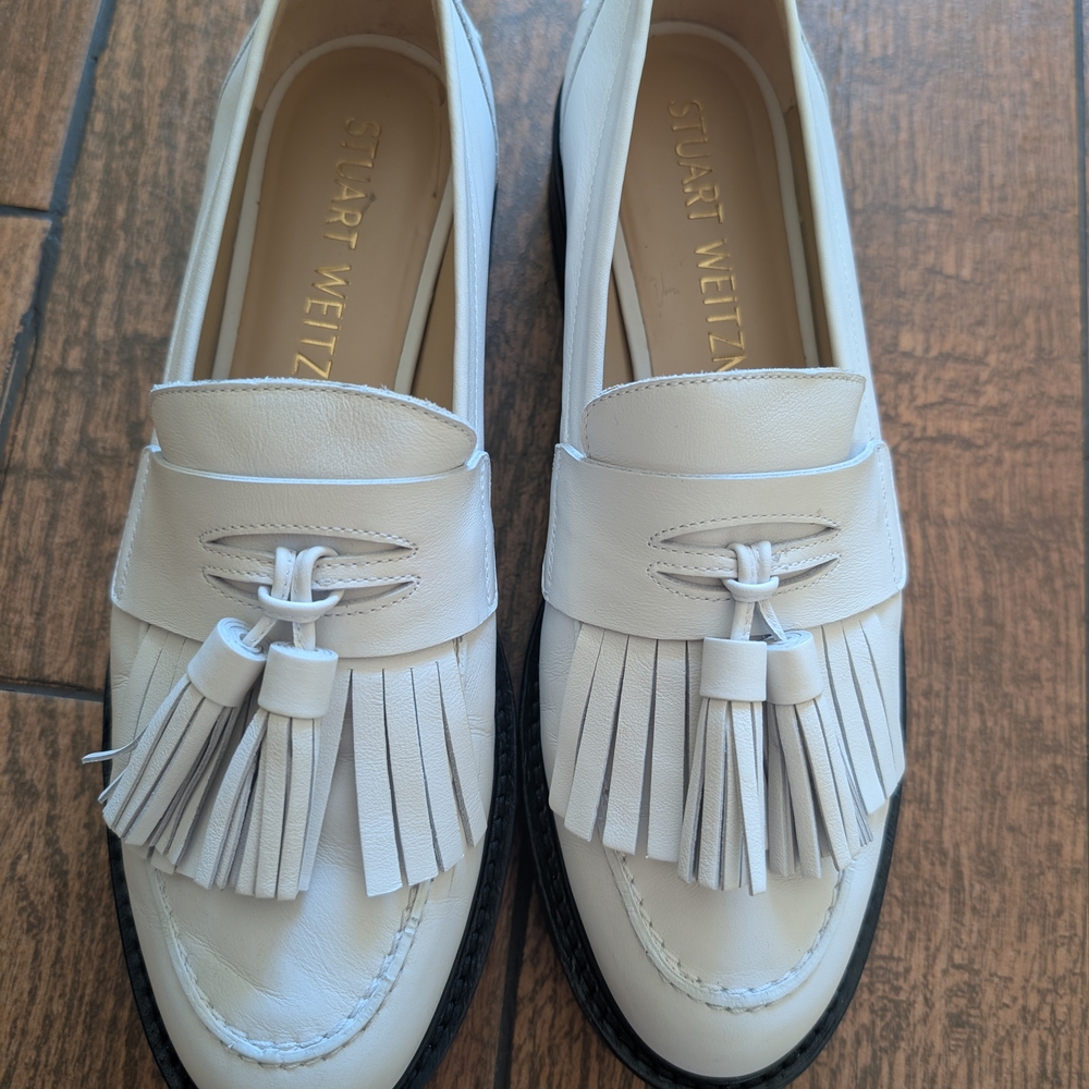 Stuart Weitzman White Flats with Classic Loafer Design